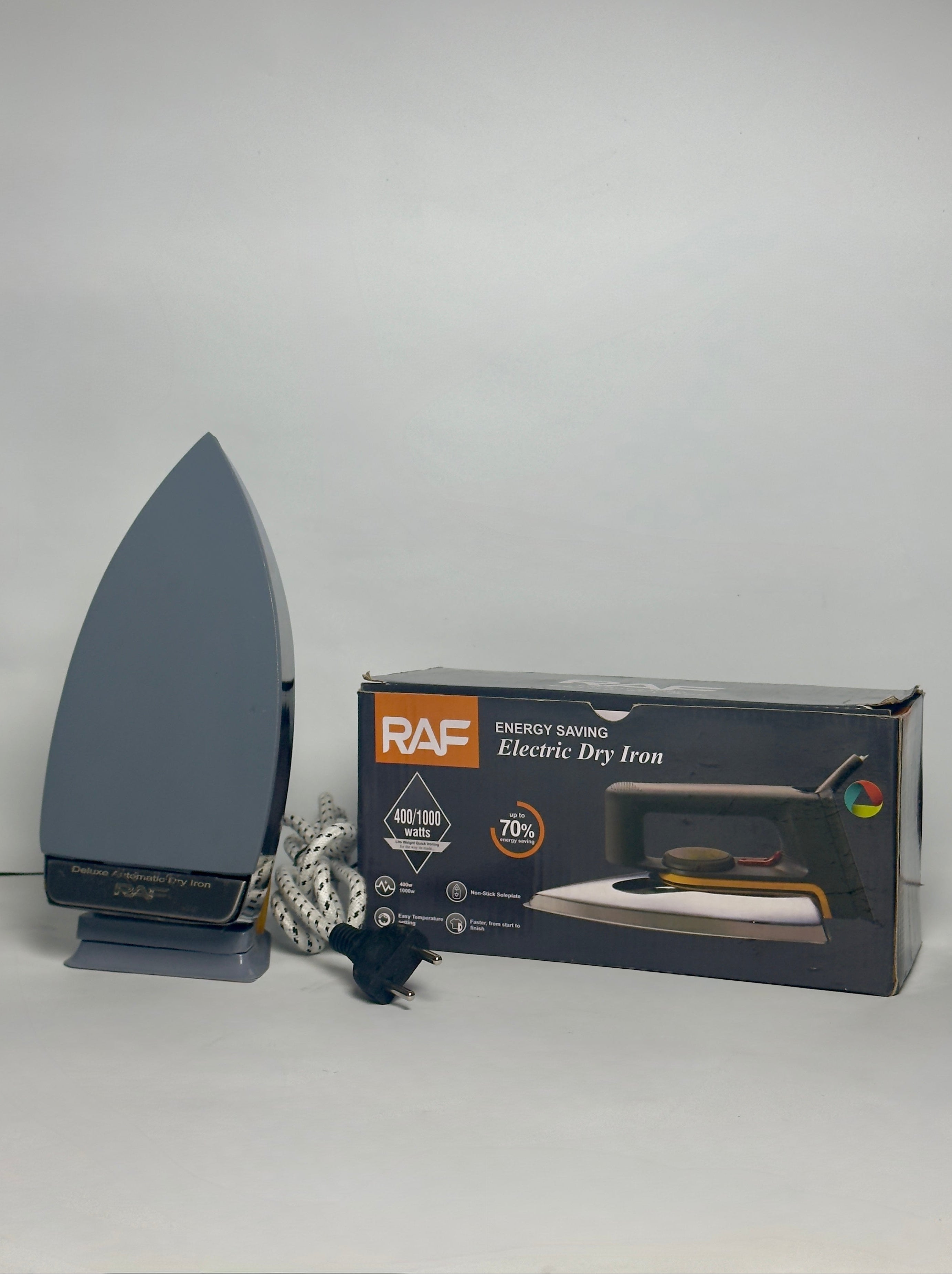 Gray iron and its packaging with RAF branding on a white background